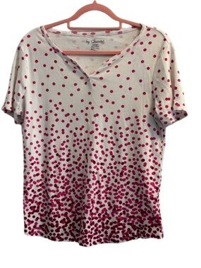 Chico's White Short Sleeve V-Neck Top with Pink Dot Fade